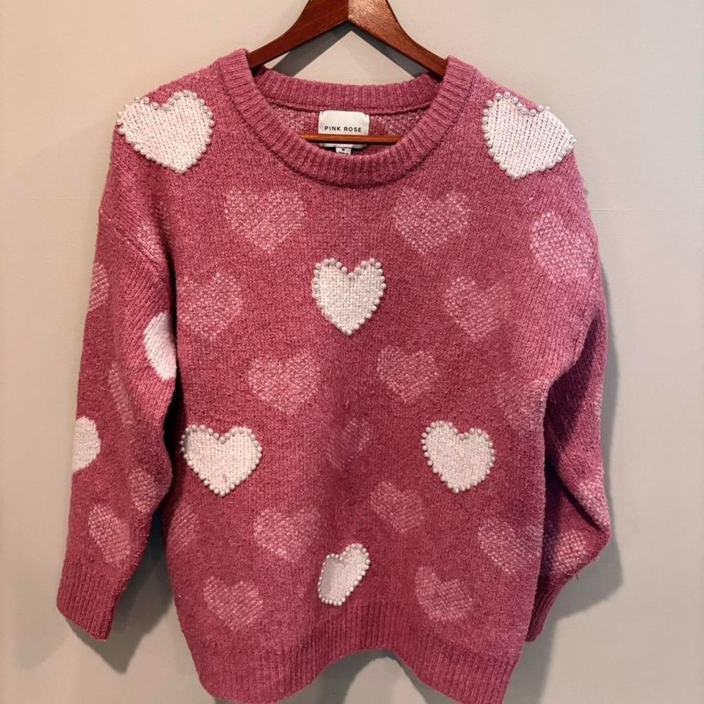 Pink Rose Women's Sweater with White Heart Accents